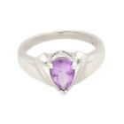 Sterling Silver Pear Amethyst Solitaire Ring (Size N 1/2) 6x8mm Head
