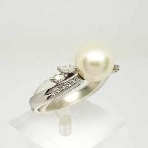 Anello oro bianco 18 Kt 750 con perla diamanti 0,19 ct -641/VE- - Foto 1 di 4