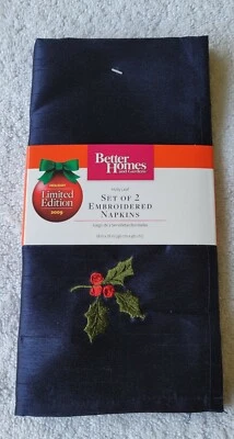 Holiday Blue Napkins EMBROIDERED Holly Leaves and Berries Better Homes 2 Set - Image 1 of 4