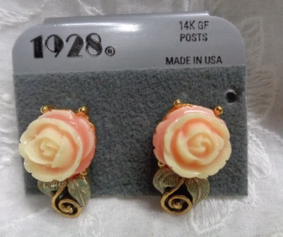 Joyería Estate 1928 EE. UU. 14K GF Postes ROSA Y ROSA BLANCA Pendientes Perforados 137 Foto 1 de 3