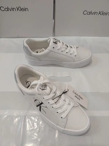 Calvin Klein Women's White/Silver Vulc Lace Up Leather Trainers Size UK7 EU41 - Picture 1 of 13