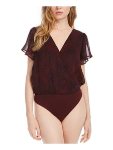 ASH & VIOLET Womens Maroon Snap Closure Printed V Neck Body Suit Size: L - Picture 1 of 11