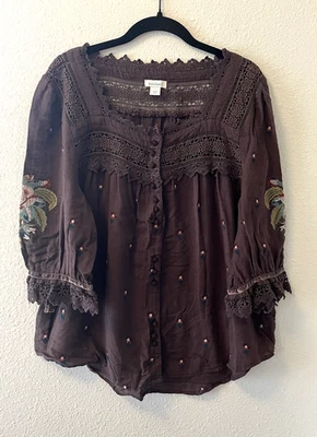 Camisa Sundance para mujer talla grande Craftsbury marrón bordada Cottagecore Foto 1 de 4