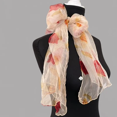 Bufanda de seda floral amarilla roja y amarilla color crema transparente años 50 Foto 1 de 4