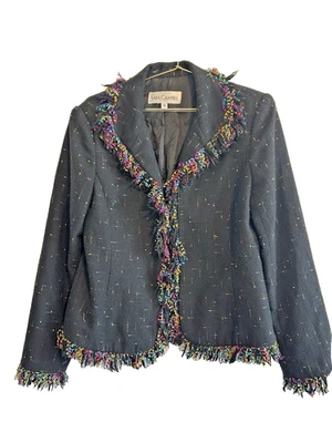Sara Campbell black tweed blazer/jacket wool with colorful rainbow fringe Size 8 - Image 1 of 4