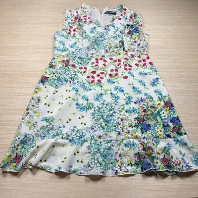 Karl Lagerfeld 连衣裙女式白色蓝色红色花卉花园无袖 16 码 — 第 1/4 张图片