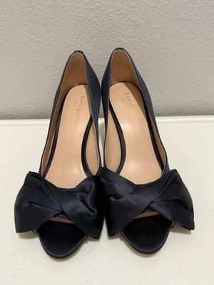 Kate Spade Crawford Peep-Toe Bow Pumps Size 7.5 Navy Satin - Image 1 of 4