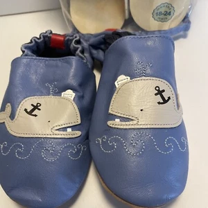 Robeez Boy’s 3-4 Years Shoes Slippers New Leather Whales On Blue - Picture 1 of 7