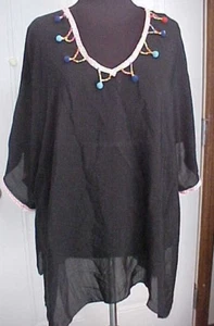 Nimes Cote Azur Beach Cover Up SZ 2X-3X Sheer Black Hot Pink Braid Beads NWT - Picture 1 of 11