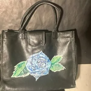 Fossil Black Leather Floral Tote Bag EUC Upcycled Gift Bohemian Gift Handbag - Picture 1 of 12