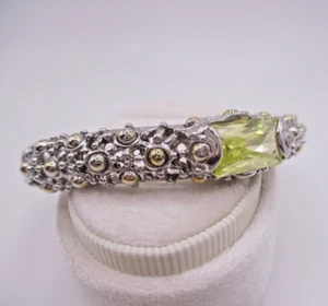 hinged ring form cuff bracelet w/ large green CZ silver and gold tone 6.5" 0064 - Picture 1 of 8