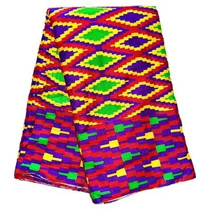 African Fabric/ Woven Kente - Red, Purple, Yellow, Green “Ahomk”, 4 Yards - Picture 1 of 4