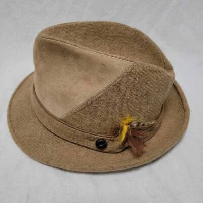 Vintage Dobbs Mens Fedora Hat Beige Brown Fitted Feather Union Made 7 1/4 - Image 1 of 4