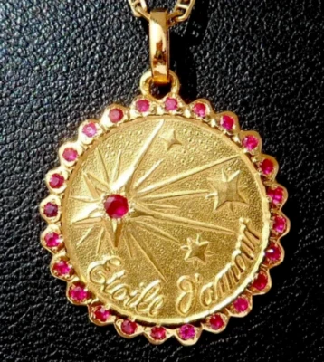Vintage 1.50Ct Round Lab Created Ruby Love AUGIS Pendant 14K Yellow Gold Finish - Image 1 of 4