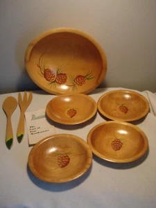 Vintage Wooden Hand Painted Pine Cones Bowl Set & Utensils Munusing - Picture 1 of 10