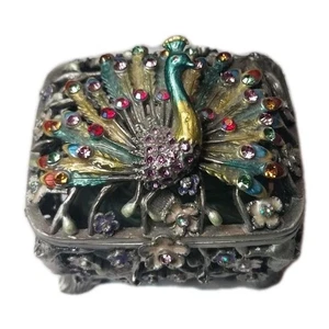 Vintage Hain Peacock Enamel Trinket Box - Jeweled Filigree Jewelry Keepsake... - Picture 1 of 6