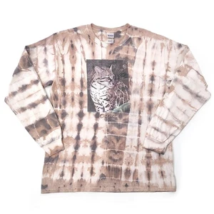 Vintage Y2K Cat T-Shirt Upcycled Natural Tie Dye Handmade Ocelot Cotton Stripe L - Picture 1 of 19