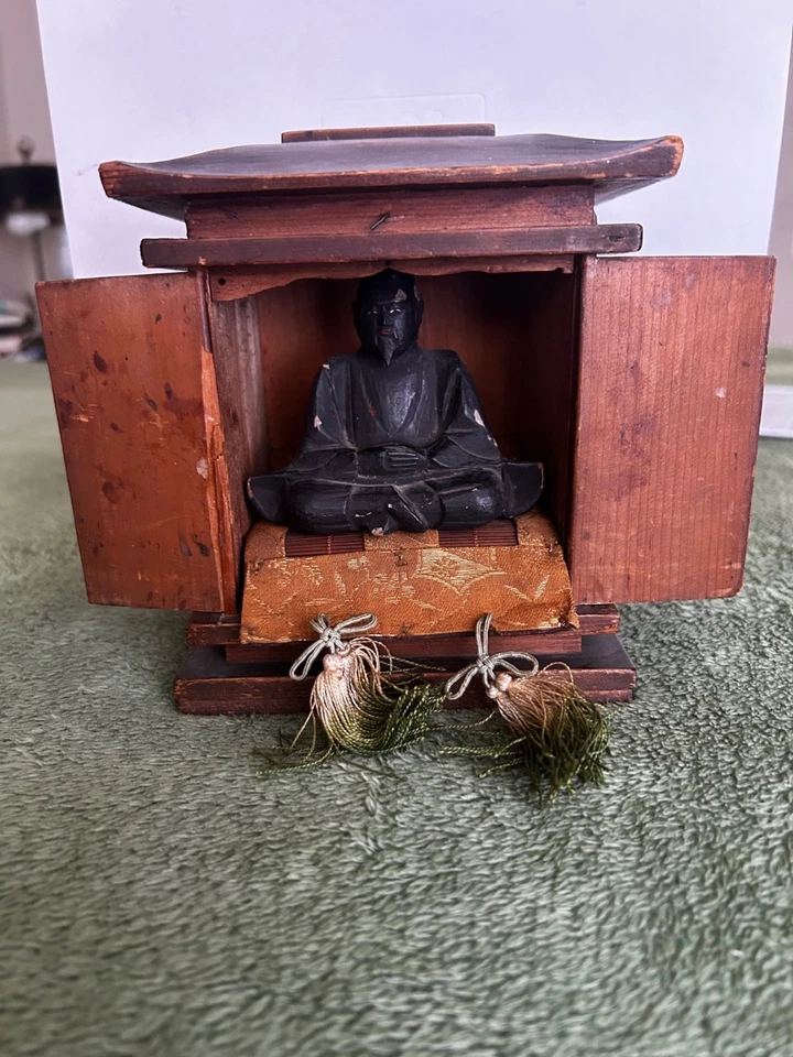 Antique Vintage Portable Traveling Shrine Zushi Buddhist Monk Altar Figure Edo - Image 1 of 4