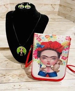 Frida Kahlo Conjunto de Regalo Pendientes Collar y Monedero Conjunto De Frida Aretes Collar Bolsa - Imagen 1 de 10