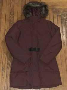 The North Face Down Belted Parka Hyvent Womens Medium Fur Hood Burgundy Red - Picture 1 of 4