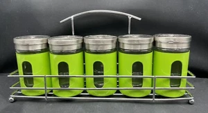 Spice Rack with 5 Salt Pepper Shakers Retro Glass Spice Jars - Lime Green - Picture 1 of 4