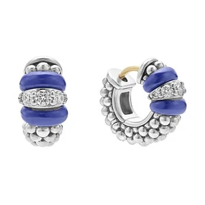 LAGOS Blue Caviar Ceramic & Diamond Huggie Hoop Earrings Sterling Silver - Picture 1 of 5
