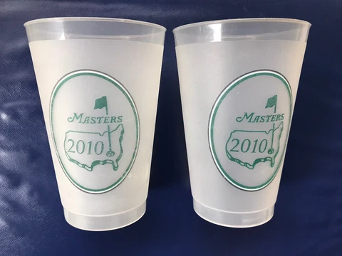 Lot of  2 2010 Official Masters Golf 16 oz Frosted Plastic Cup Augusta Phil Win Cover