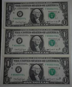 1988A $1 Federal Reserve "Web" Notes, 3 Consecutive, Crisp UNC, RARE, FREE SHIP - Picture 1 of 2