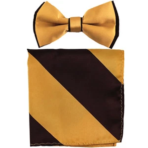 New formal Men's polyester pre-tied bow tie_hankie gold brown stripes prom - Picture 1 of 3