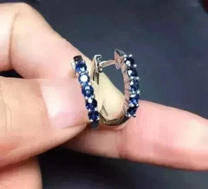 1.60Ct Created Blue Sapphire Women's Huggie Hoop Earrings 14K White Gold Finish - Picture 1 of 3