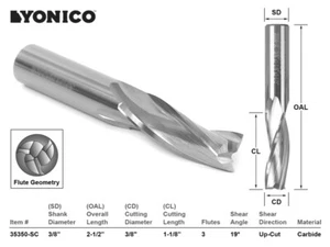 3/8" Dia. Low Helix Upcut End Mill CNC Router Bit - 3/8" Shank - Yonico 35350-SC - Bild 1 von 1