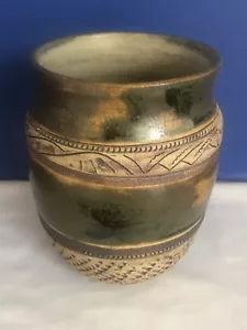 Pottery Vtg. Vase Hand Thrown Studio Multi Color Incised - Picture 1 of 9