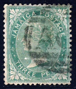 GIAMAICA Regina Vittoria 1870 3d. Corona filigrana verde CC SG 10 VFU - Foto 1 di 2