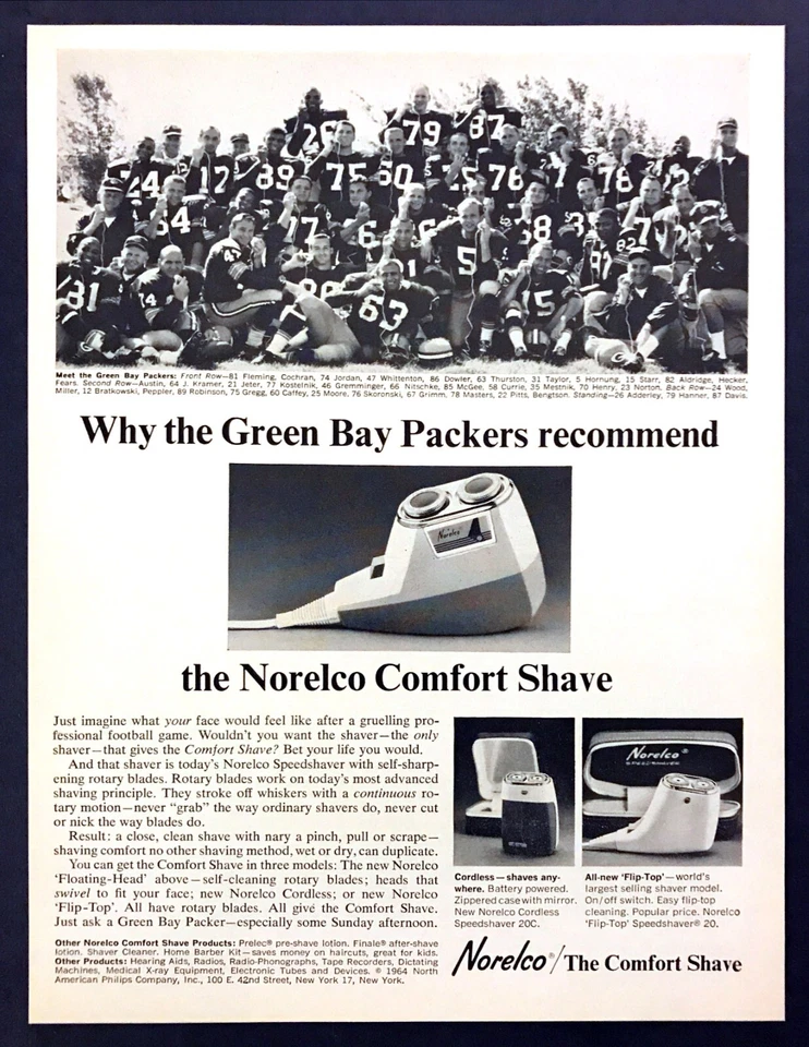 1964 Green Bay Packers Team photo Norelco Electric Shaver vintage print ad - Image 1 of 1