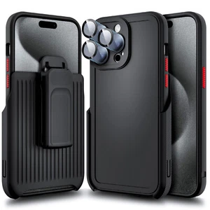 For iPhone 15 Pro Max Case Holster Clip Stand Built-In Camera Lens Phone Cover - Picture 1 of 7