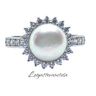 Anello donna argento 925 con perla naturale e zirconi bianchi solitario fascia - Immagine 1 di 4