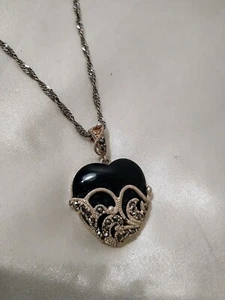 Necklace Sterling Silver 925 Marcasite Black Onyx Heart Pendant 19.5" Long - Picture 1 of 10