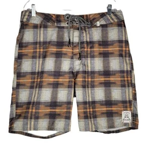 3rd & Army Men's Board Shorts Size 36 Gray Orange Plaid Draw String - Picture 1 of 8