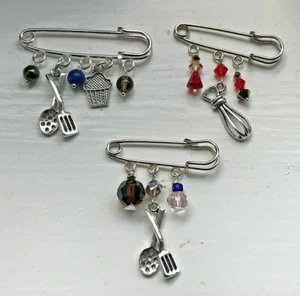 Silver Plated 5cm or 4cm Pins with Baking/Cooking Charms & Added Beads - Picture 1 of 2