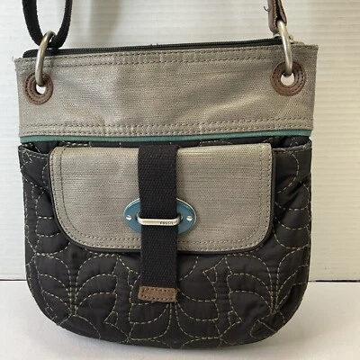 Fossil Key Per Quilted Black/Gray adjustable crossbody Purse bag Teal Accent - Image 1 of 4