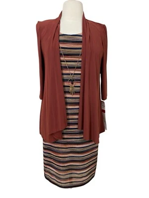 Nuevo Vestido Chaqueta R&M Richards Rust Multi Rayas con Collar Talla 16 Foto 1 de 4