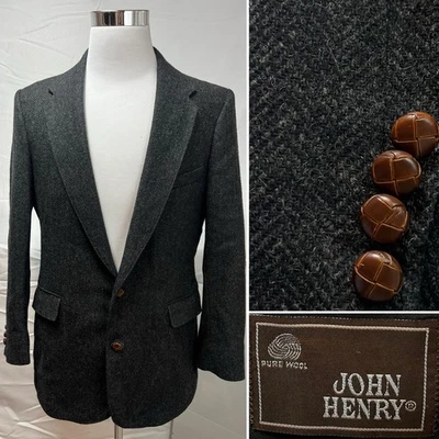 Abrigo Blazer Deportivo Lana Vintage Herringbone Tweed John Henry Para Hombre 41R Negro Gris Foto 1 de 4