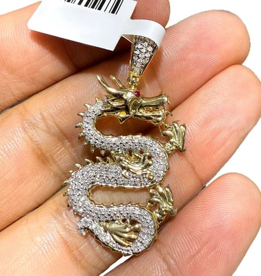 0.65TCW Natural Diamond & Red Ruby Real 10K Gold Dragon Pendant 1.77" - Image 1 of 4