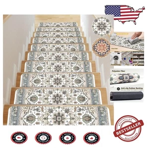 Set of 15 Non-Slip Rubber Backing Stair Treads 30x8in - Safety & Style Combined - Picture 1 of 9