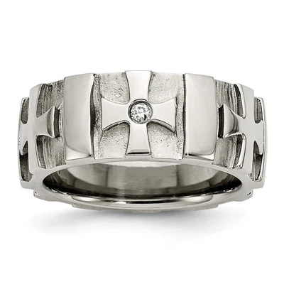 Stainless Steel Brushed and Polished 3pt Diamond Cross 9mm Band Ring Size 10 - Image 1 of 4