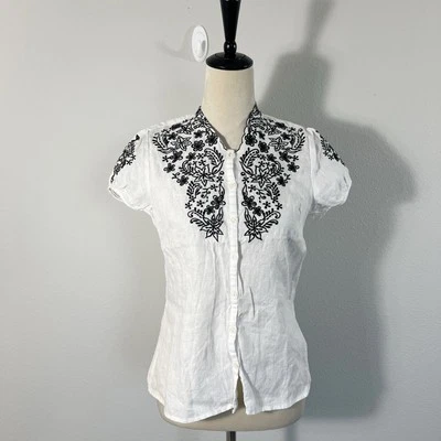 Blusa Tweeds 100% Lino Bordada Negra Floral Blanca Abotonada Lagenlook Pequeña Foto 1 de 4