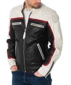 New Men's Genuine Lambskin Leather Biker Jacket Slim Fit Motorcycle white Jacket - Picture 1 of 5