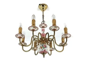 Romantic Italian Chandelier pink porcelain flower pattern Brass 8 lights arm vi - Picture 1 of 12