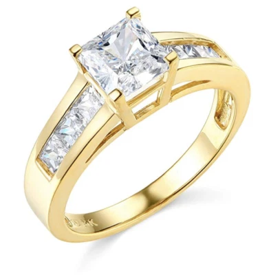 2.5 Ct Princess Real 14K Yellow Gold Created Diamond Channel Engagement Ring - Image 1 of 3