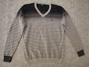 United of Benetton Sweater Medium 7-8 Cotton Wool Blend Gray Black Striped - Picture 1 of 6